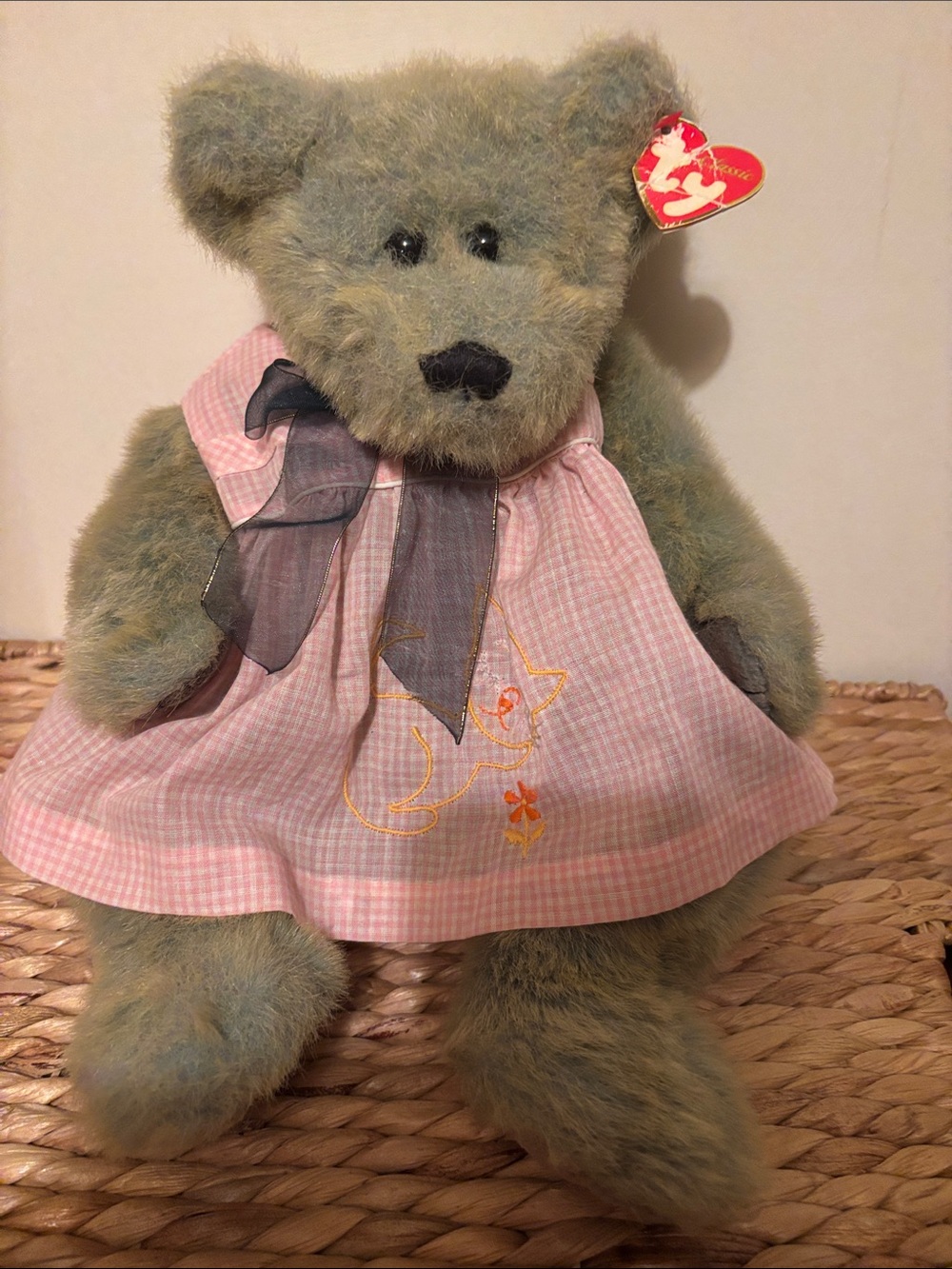 TY Vintage light brown/green Teddy Bear in Pink Dress Plush Toy NWT